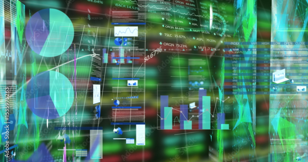 Poster data visualization dashboard displaying pie charts, bar and line charts and numeric readout