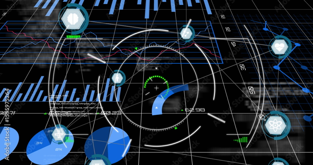 Poster showing central circular hud gauge presenting real-time data in grid interface, with charts and ic