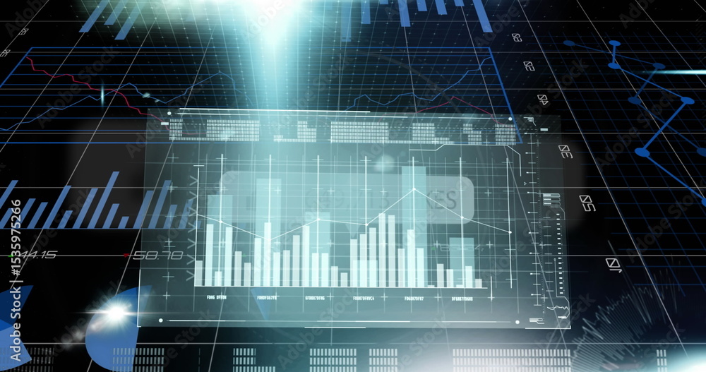 Poster displaying holographic data panel floating in digital space, with vertical bar chart and light beam