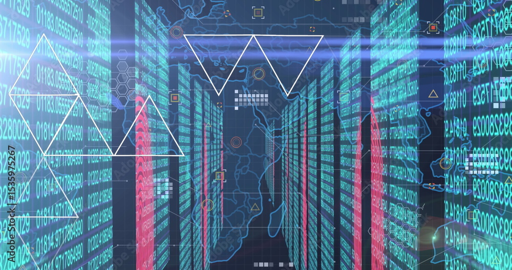 Poster Displaying central corridor glowing with vertical data panels in data center, numeric code streams