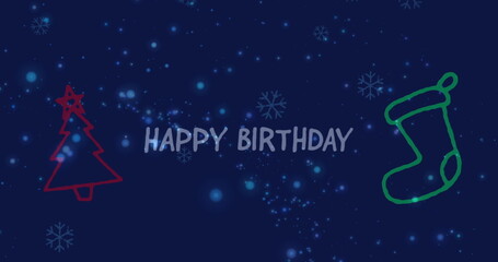 Displaying central HAPPY BIRTHDAY text on navy-blue card featuring red tree and green stocking
