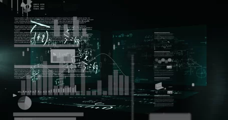 Floating translucent panels showing bar and line charts, pie segment and equations in dark space