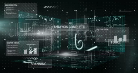 Projecting holographic interface hovering in virtual data space, with bar graphs and code blocks