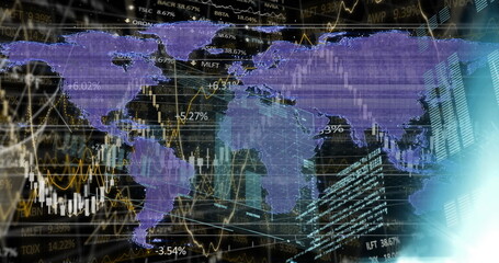 Displaying purple world map overlaying dashboard, showing candlesticks graphs percentages cyan glow