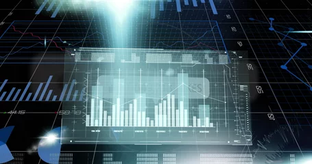 Displaying holographic data panel floating in digital space, with vertical bar chart and light beam