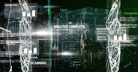 Showing data hub projecting world map in control panel, with scanning bars and wireframe structures