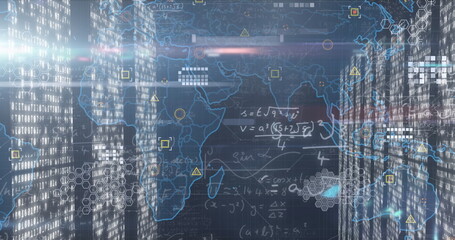 Projecting network visualization over server racks in server room, with binary code and world map