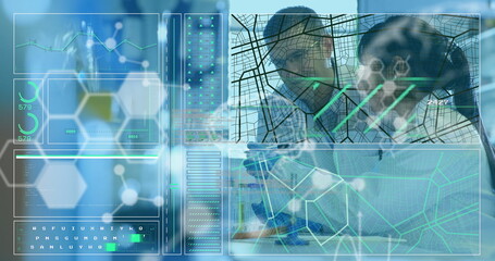 Analyzing holograms, researchers wearing lab coats manipulating wireframe grid in lab, copy space