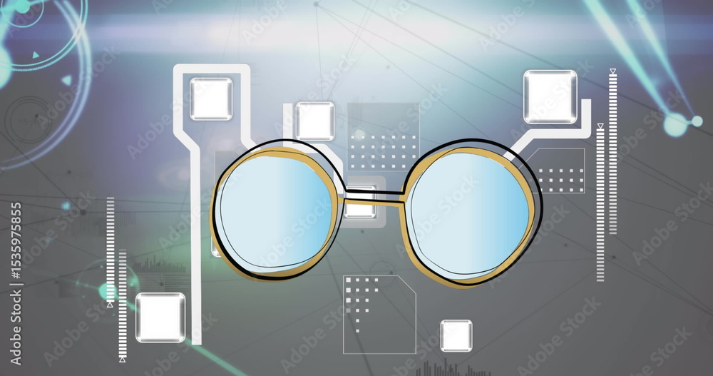 Poster stylized glasses floating in digital interface with panels, circuit lines and light streaks