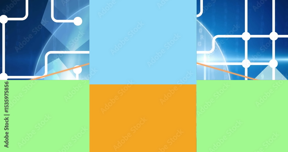 Poster presenting six panel abstract layout on digital canvas, with circuit motifs and color blocks
