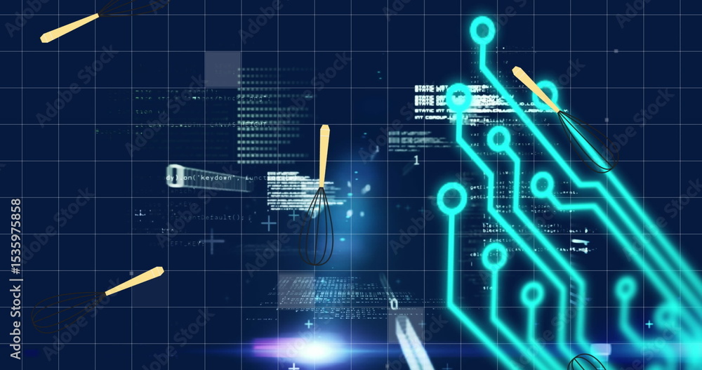 Poster rising neon turquoise circuit pattern on grid, with floating whisks and code fragments, copy space