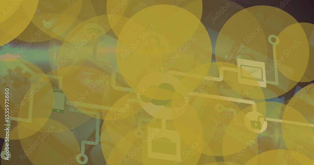 Poster connecting cloud-to-server tech icons on gradient background, with lines and floating circles