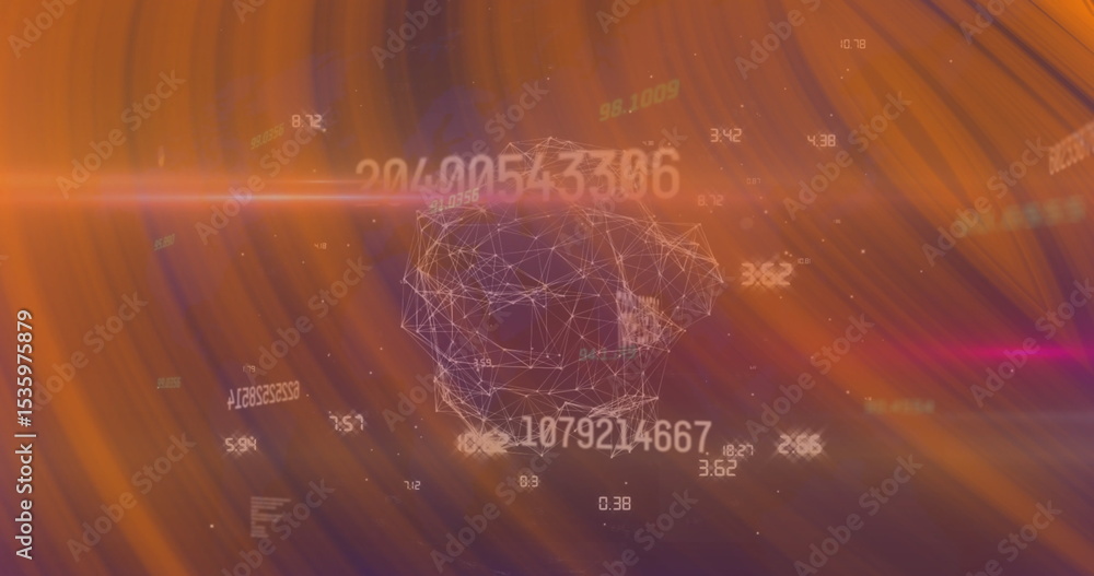 Poster Wireframe network cluster floating in virtual abstract space, with numeric data and light flares