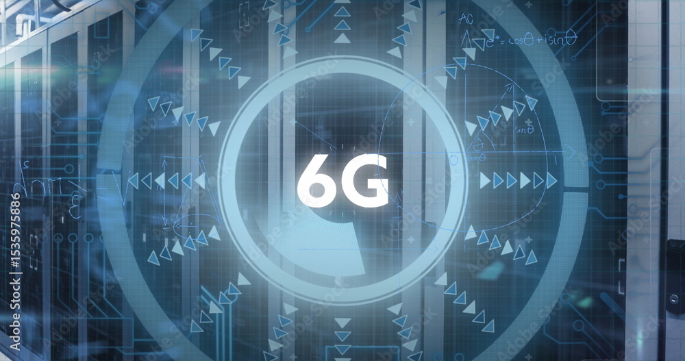 Poster displaying digital interface projecting glowing 6g text in server rack room, with translucent hud