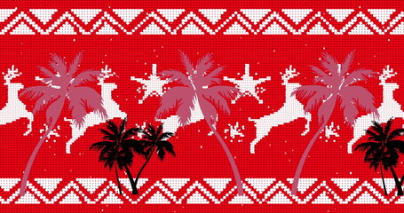Obraz premium Black palm silhouettes contrasting in red abstract textile pattern, reindeer and star motifs