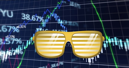 Displaying gold shutter-shades sunglasses icon overlaying trading screen, with candlestick bars