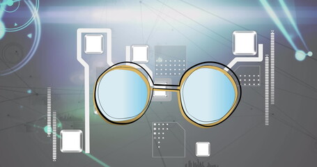 Stylized glasses floating in digital interface with panels, circuit lines and light streaks