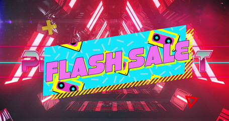 Displaying cyan flash sale banner rotating in neon tunnel, with hazard stripes and cassette icons