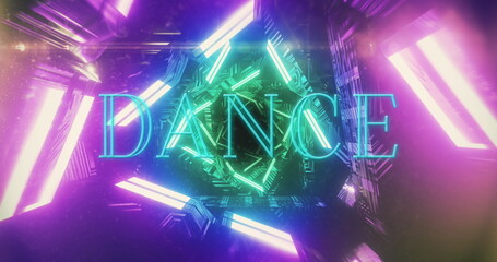 Floating neon blue DANCE text glowing in mirrored 3D tunnel, with LED light bars, triangular frames