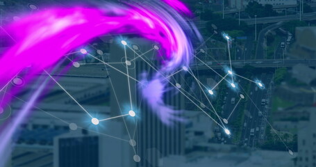 Swirling digital network and magenta energy wave over aerial highways, with glowing nodes and lines