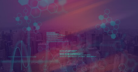 Showing purple red skyline in business district, with molecular icons, code and waveform overlays