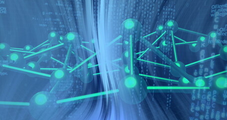 Showing network of linked green nodes flowing through virtual cyberspace, with blue data streams