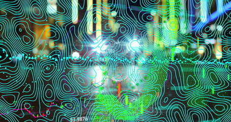 Overlaying neon contour map over nighttime financial hub, with blurred lights and green market data