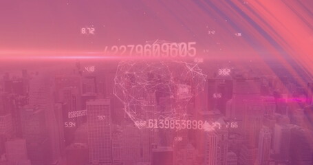 Displaying 3D wireframe head over pink-tinted urban skyline, with numeric readouts and light flares