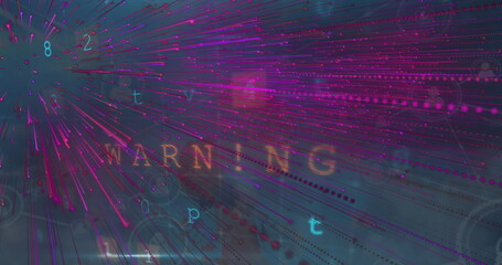 Radiating purple and magenta data streaks through virtual cyberspace, with glowing WARNING text