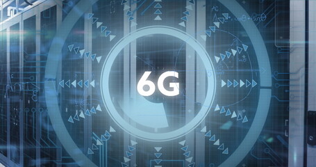 Displaying digital interface projecting glowing 6G text in server rack room, with translucent HUD