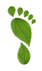 Human footprint made of green leaves on white background, top view. Environmental care, ecology protection, reducing CO2 emission