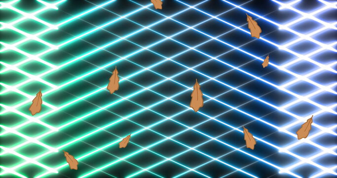 Fototapeta Drifting brown leaf shapes moving across futuristic virtual environment, with glowing neon grid