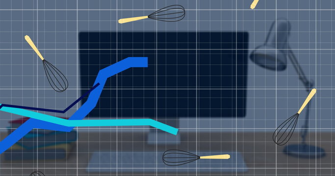 Widescreen monitor showing blue graph lines and whisk icons on office desk, with wireless keyboard - Powered by Adobe