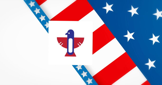 Naklejki Minimalist blue red bird icon floating in digital canvas, with flag-inspired stripes and stars