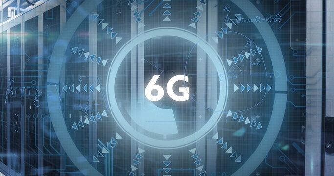 Displaying digital interface projecting glowing 6G text in server rack room, with translucent HUD