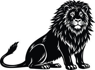 Sitting Lion Vector Art, Majestic Black Silhouette of a Royal Male Lion