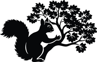 Squirrel on Tree Silhouette, Black and White Woodland Animal Vector Illustration