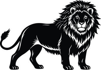 Standing Lion Vector Illustration, Majestic Black Lion Silhouette with Detailed Mane