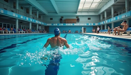 Man Entering Swimming Pool with Clear Water at Indoor Aquatic Center