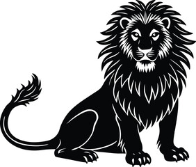 Sitting Lion Vector Silhouette, Majestic Black Line Art with Detailed Mane