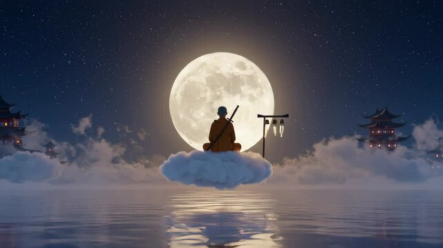 Monk Meditating on a Cloud Under a Full Moon