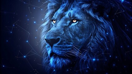 A majestic blue lion with glowing eyes surrounded by constellations in dark space
