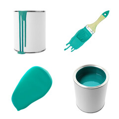 Turquoise color paint. Collage with cans and brush on white background