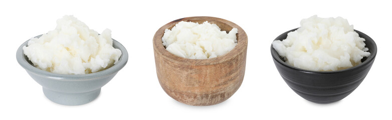 Natural shea butter in bowls on white background, set