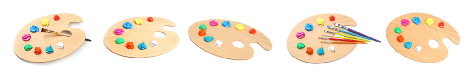 Wooden palette with paints and brushes isolated on white, collage