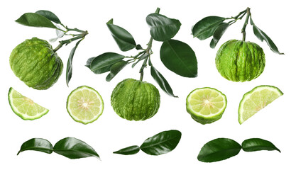 Fresh ripe bergamot fruits and green leaves on white background, collage