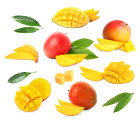 Tasty fresh mango fruits and green leaves on white background, collage