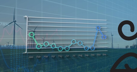 Obraz premium Displaying composite 3D line graph overlaying wind turbine farm, with colored monthly data nodes