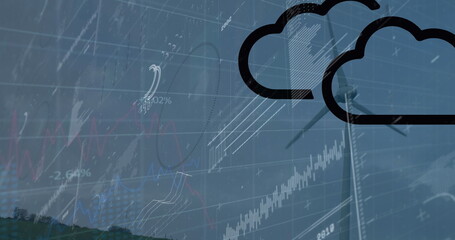 Black outline cloud icons floating above wind turbine on green hill, with financial chart overlays