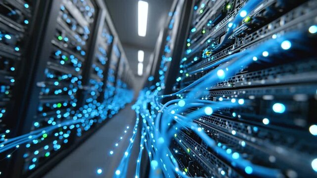 Server rack with moving blue light paths dynamic in data center corridor showing network connection and fiber optic technology flow